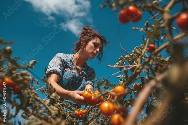 Fototapeta Woman harvesting ripe red tomatoes in denim overalls under a bright blue sky on a sunny day