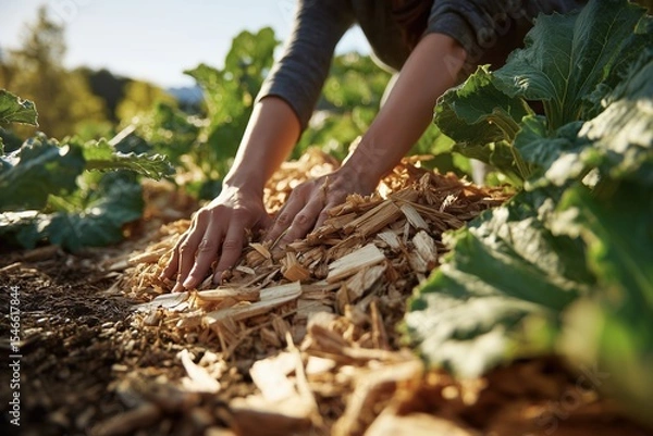 Fototapeta Woman laying organic mulch in vegetable garden to conserve moisture and improve soil health during sunny afternoon