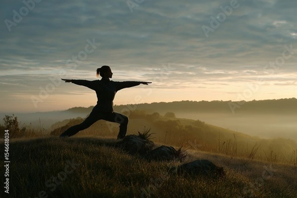 Fototapeta Woman practices warrior II pose on a hilltop during sunrise with misty landscape