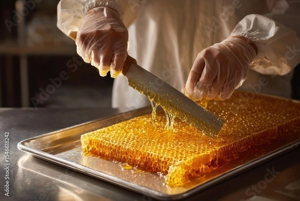 Fototapeta Woman uncapping honeycomb cells with a heated knife in a workshop for honey extraction and processing
