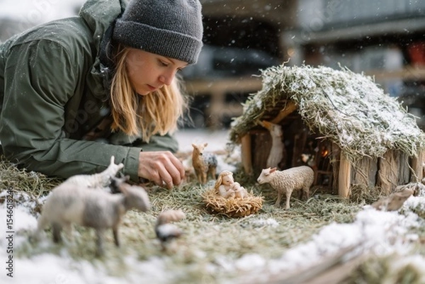Fototapeta Woman sets up a small outdoor nativity scene with miniature figures in the snow during winter holidays