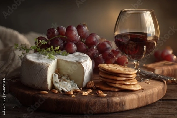 Fototapeta Savoring a wooden cheese board with creamy brie sweet grapes crackers and a glass of wine in a warm rustic setting