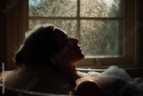 Fototapeta Woman relaxes in a bubbly bath with sunlight streaming through a window creating a serene atmosphere in the moment