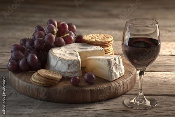 Fototapeta Wooden cheese board with brie crackers red wine and fresh grapes for an elegant snack