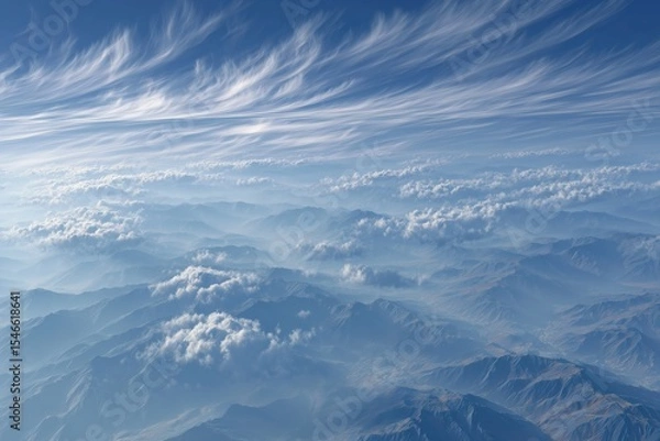 Fototapeta Wispy cirrus clouds casting soft shadows over majestic mountain landscape at midday