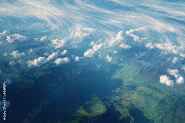 Fototapeta Wispy cirrus clouds casting gentle shadows over lush landscapes during a clear daytime sky
