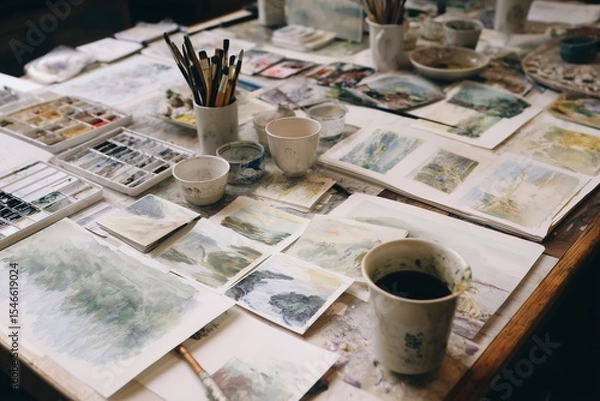 Fototapeta Overhead view of multiple watercolor sketches and painting tools on a cluttered artists table