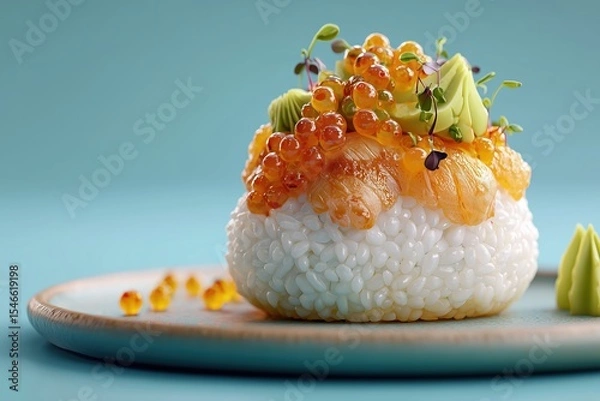Fototapeta Delicate rice ball topped with seafood and garnishes showcases culinary artistry at a vibrant food setting