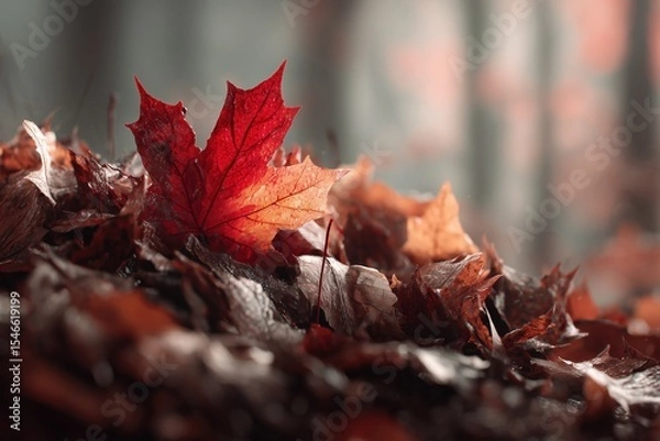 Fototapeta Vibrant red maple leaf stands out in a pile of autumn leaves in a serene forest setting
