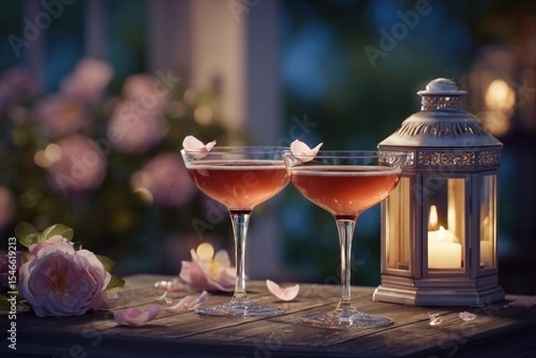 Fototapeta Romantic evening with coupe glasses filled with rosy drinks and soft candlelight by blooming roses