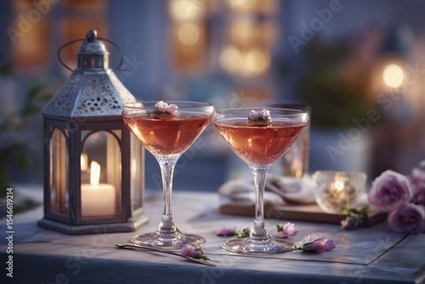Fototapeta Elegant coupe glasses filled with rosy hued drinks at a cozy evening gathering with soft candlelight
