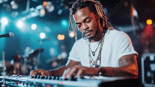 Fototapeta A talented musician passionately playing a keyboard on stage, surrounded by vibrant lights, capturing the energy of live music performance in an intimate setting.