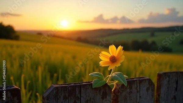 Fototapeta Vibrant yellow petals of a single, delicate flower peeking out from the weathered, rusty wooden planks of a vintage fence, set against a warm, golden background. Generative Ai.