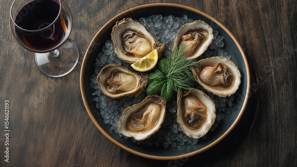 Obraz Six fresh, raw oysters artfully arranged on ice, garnished with lemon and herbs, alongside a glass of red wine.  A sophisticated seafood presentation.