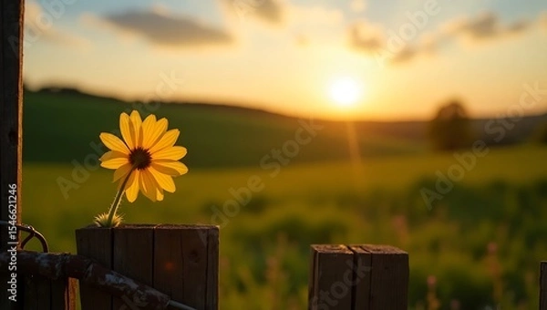 Fototapeta Vibrant yellow petals of a single, delicate flower peeking out from the weathered, rusty wooden planks of a vintage fence, set against a warm, golden background. Generative Ai.