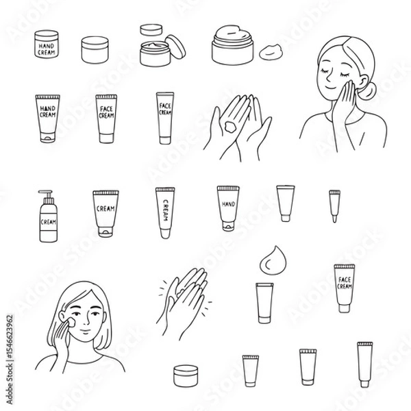 Fototapeta Vector illustration with different skin care products such as face and hand creams. Applying cream on hands and face. Doodle style skin care products.