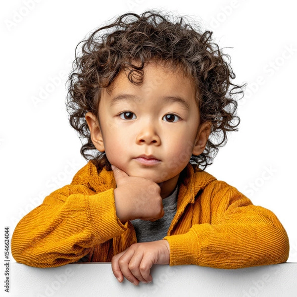Fototapeta Thoughtful young boy with curly hair in a cozy sweater posing thoughtfully against a solid background