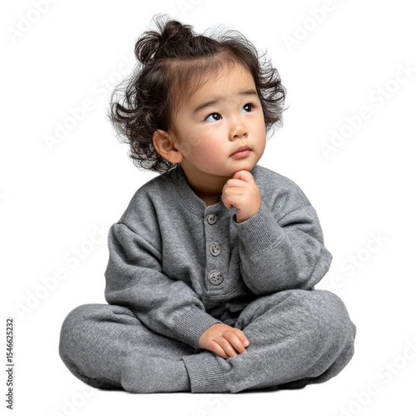 Fototapeta Thoughtful toddler in cozy gray outfit sitting on the floor with curls and a curious expression, isolated on white background