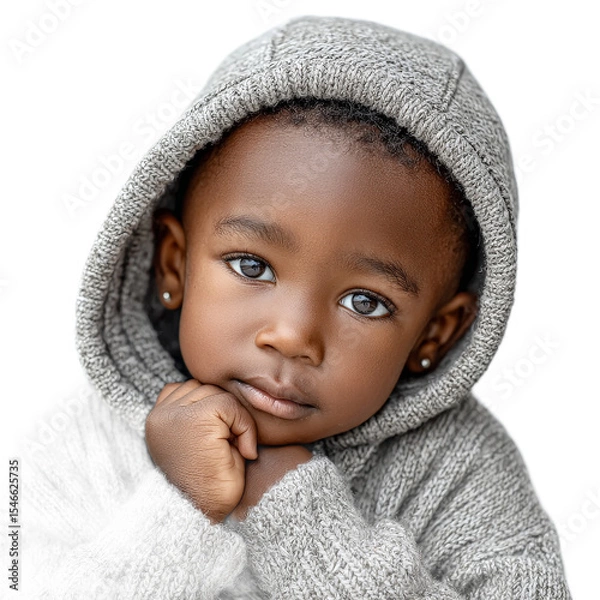 Fototapeta Young child with thoughtful expression in cozy sweater, looking directly at the camera against a plain background
