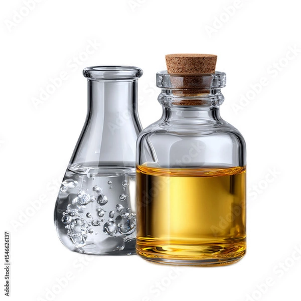 Fototapeta Glass containers with liquid substances, one clear and bubbly, one golden oil, simple elegant design for kitchen or laboratory use