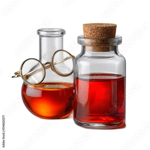 Fototapeta Two glass bottles with red liquid and vintage glasses arranged on a white background for scientific and decorative purposes