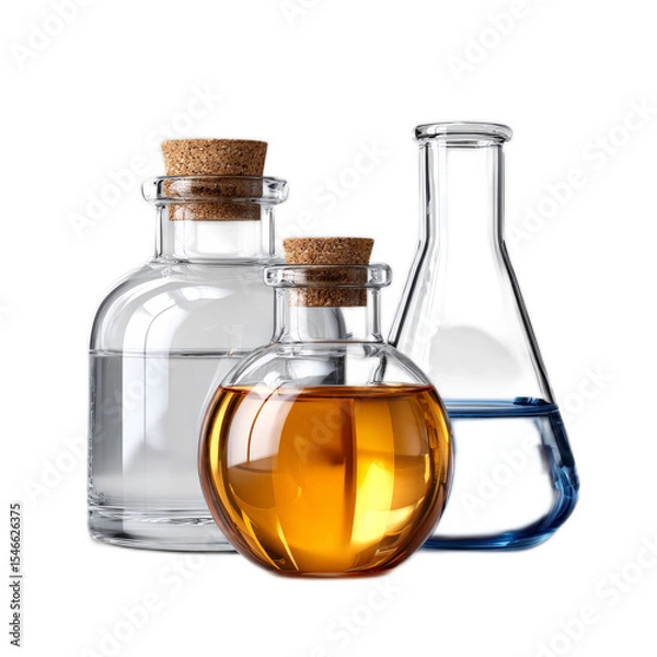 Fototapeta Clear and colored glass laboratory bottles with corks containing various liquids isolated on a white background