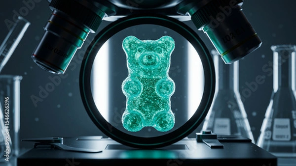 Obraz Cyan gummy bear under microscope with scientific instruments in lab background