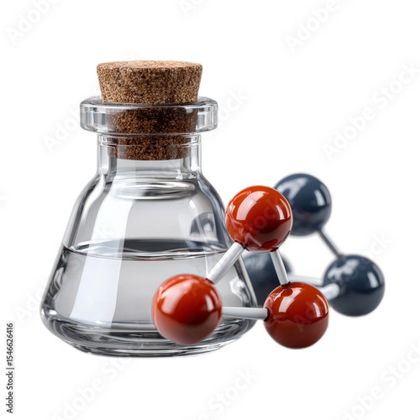 Fototapeta Glass flask with cork stopper containing liquid, surrounded by molecular models representing scientific exploration and discovery