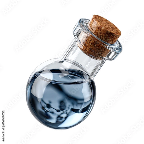 Fototapeta Transparent glass flask with cork stopper containing blue liquid, laboratory equipment, science and research concept, isolated view
