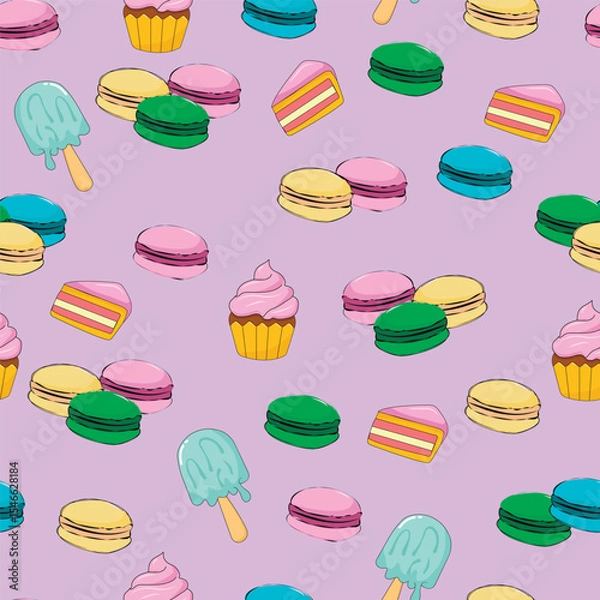 Obraz seamless pattern with colorful desserts on purple background
