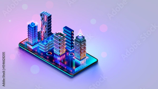 Fototapeta Isometric plan of the future city with roads and buildings on the phone screen. The isometric concept of an smart city. 3d vector. City mobile app. Infrastructure communication of Smart city.