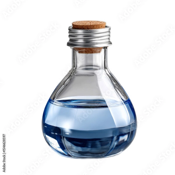Fototapeta Glass bottle filled with turquoise liquid and cork stopper against a transparent background for creative projects