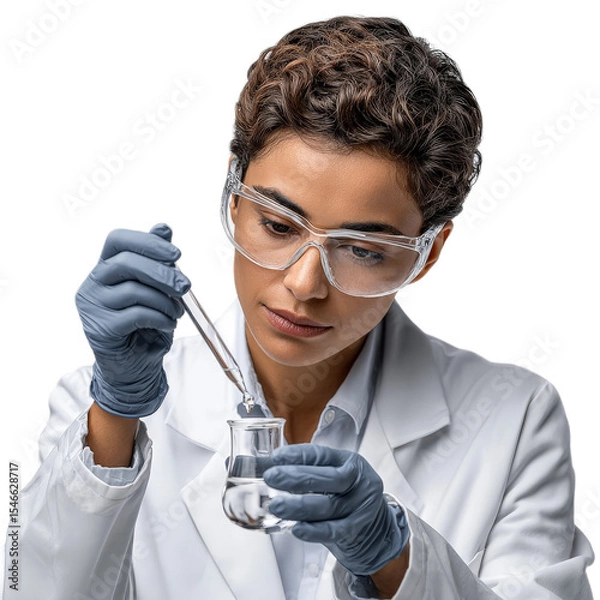 Fototapeta Female Scientist Conducting Experiment with Pipette and Glassware in Laboratory Setting Focused on Precision and Research
