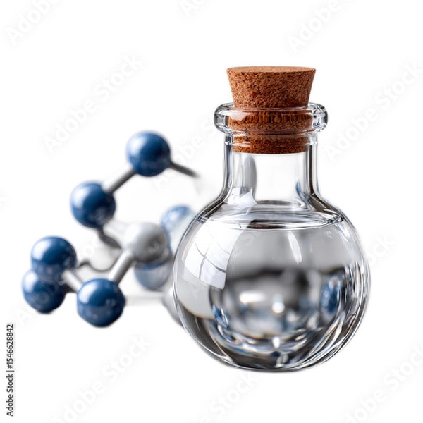 Fototapeta Glass Flask with Cork Stopper and Molecular Structure in Background, Isolated on White for Scientific and Educational Use