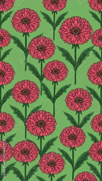 Obraz chrysanthemum greens pattern on plain green bright background cartoon design art illustration background for card or invitation quirky vibrant retro concept