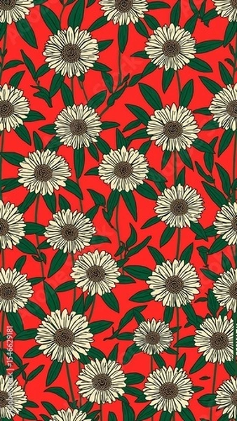 Obraz chrysanthemum greens pattern on plain red bright background cartoon design art illustration background for card or invitation quirky vibrant retro concept