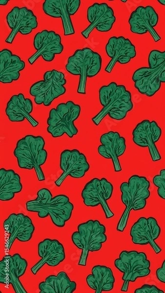 Obraz collard greens pattern on plain red bright background cartoon design art illustration background for card or invitation quirky vibrant retro concept