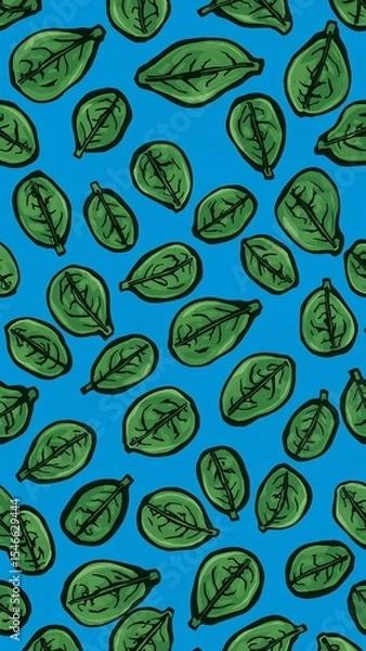 Obraz malabar spinach pattern on plain blue bright background cartoon design art illustration background for card or invitation quirky vibrant retro concept
