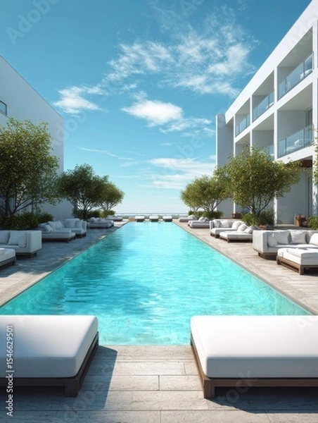 Obraz A modern superior hotel pool and superior outdoor sofas at a sunny day