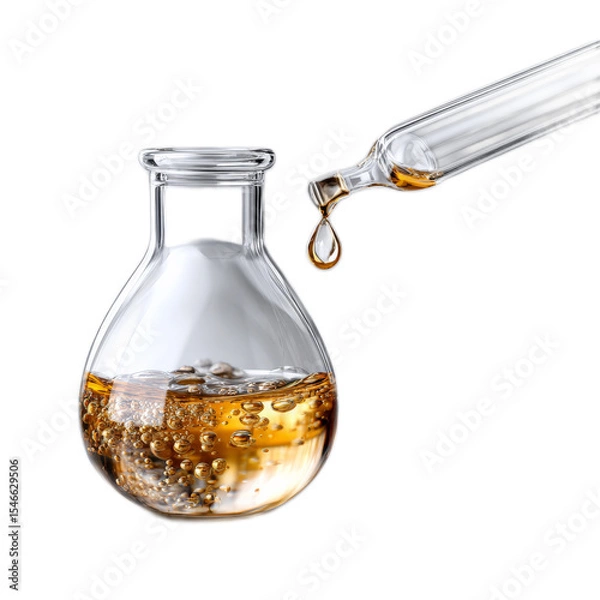 Fototapeta Laboratory glassware with amber liquid and bubbling reaction isolated on a white background for scientific and educational use