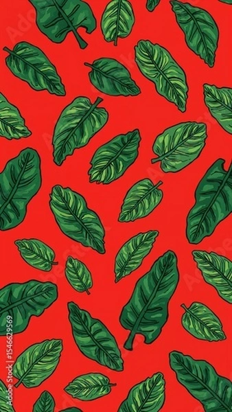 Obraz mustard greens pattern on plain red bright background cartoon design art illustration background for card or invitation quirky vibrant retro concept