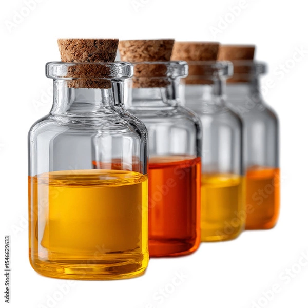 Fototapeta Elegant glass bottles filled with colorful liquid on a white background, perfect for natural remedy and beauty concepts