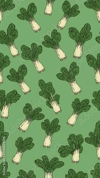 Obraz pak choi pattern on plain green bright background cartoon design art illustration background for card or invitation quirky vibrant retro concept
