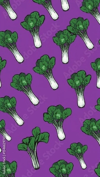 Obraz pak choi pattern on plain purple bright background cartoon design art illustration background for card or invitation quirky vibrant retro concept