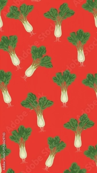 Obraz pak choi pattern on plain red bright background cartoon design art illustration background for card or invitation quirky vibrant retro concept