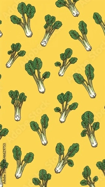 Obraz pak choi pattern on plain yellow bright background cartoon design art illustration background for card or invitation quirky vibrant retro concept