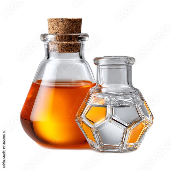 Fototapeta Glass laboratory flasks with amber liquid and cork stopper on a white background for scientific and decorative use