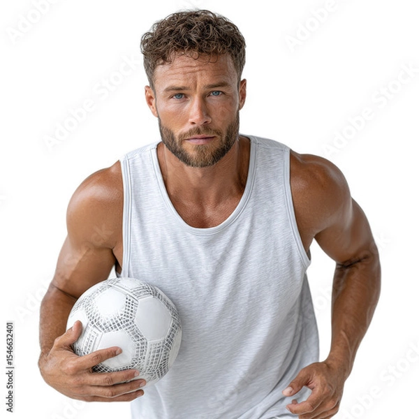 Fototapeta Athletic man in sleeveless shirt preparing for soccer game with ball, focused expression and determination on face