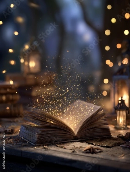 Obraz Magic, fantasy and spiritual with book and light on table for fairytale, imagination and night. Ai generated, inspiration and learning with literature and glitter for magical, education and hope