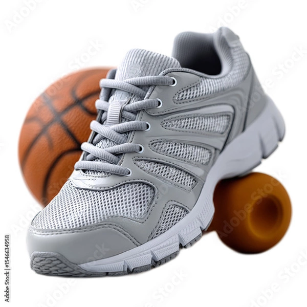 Fototapeta Stylish Gray Athletic Shoe with Basketball for Sports and Fitness Activities in a Bright and Dynamic Setting